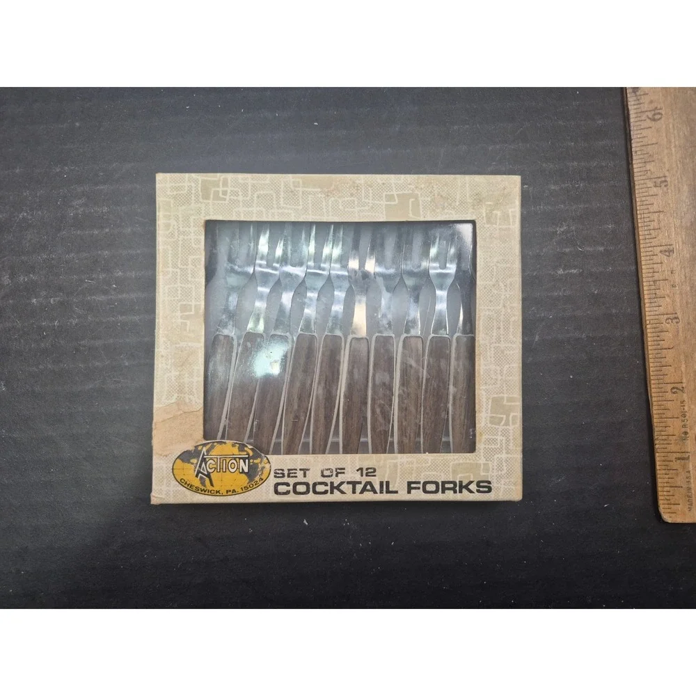 Vintage Action Industries 12 Cocktail Forks Stainless Woodgrain Japan 5202